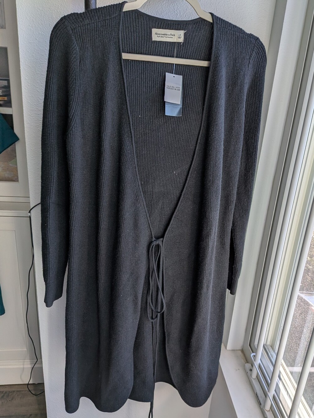 NWT Abercrombie Soft A&F Collection Ribbed Duster Cardigan Tie Waist Black LT